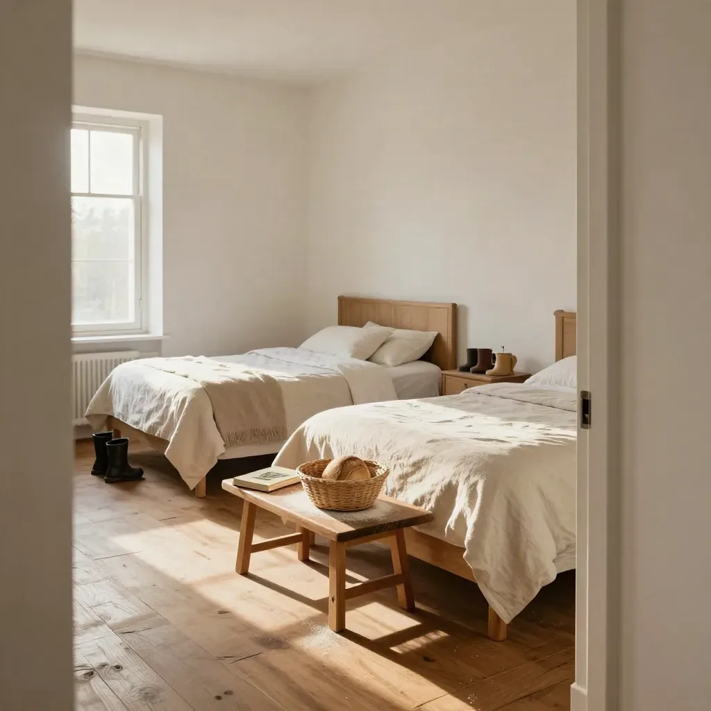 Camera familiare con due letti, pane, stivaletti e libro, luce del mattino dalla finestra.