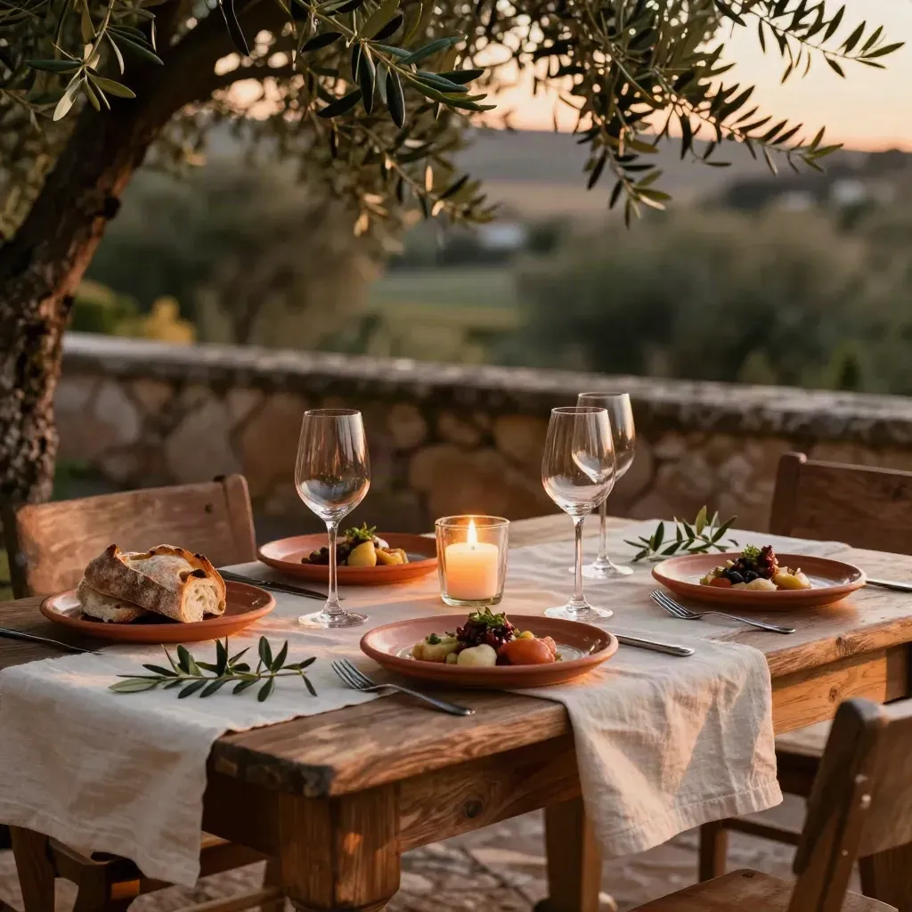 Tavolo romantico tra gli ulivi al tramonto, con calici, candela e piatti locali.