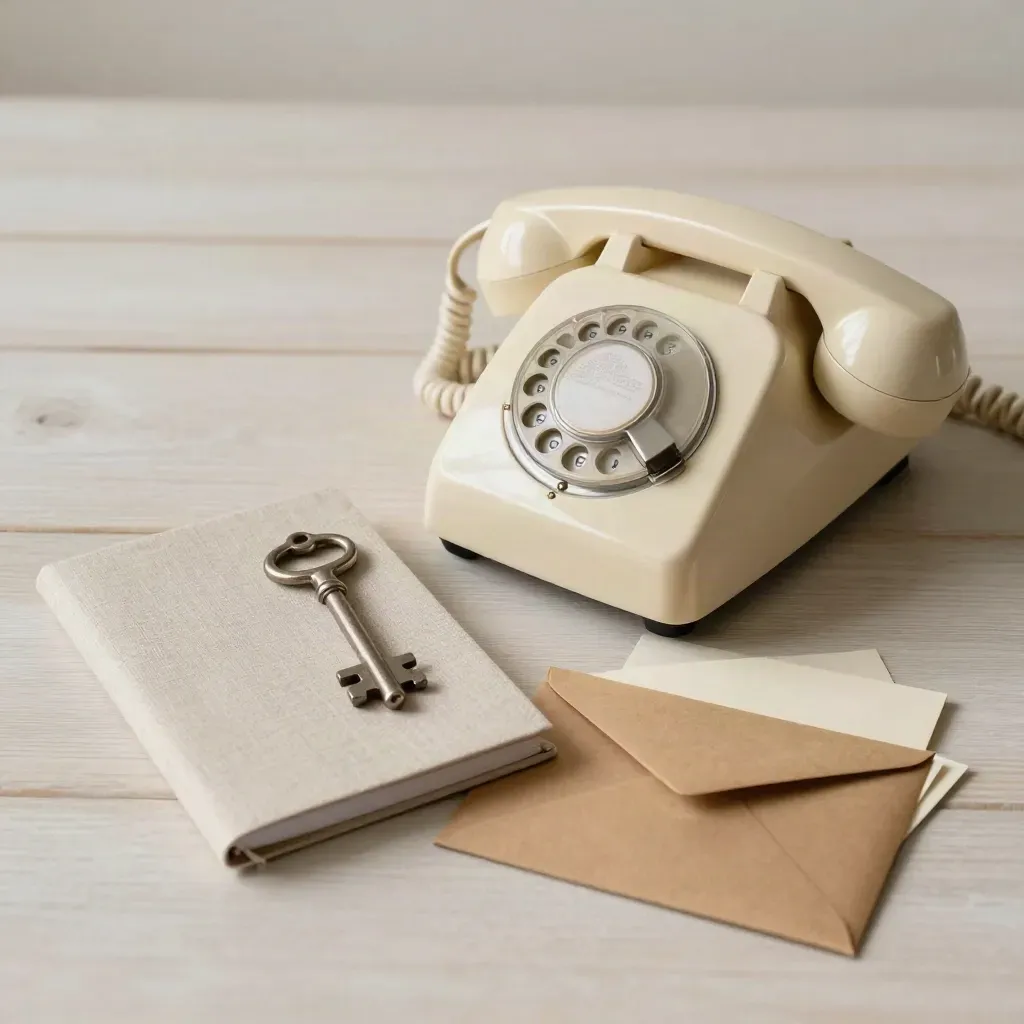 Telefono avorio, chiave, taccuino e busta kraft su legno chiaro, luce morbida laterale.