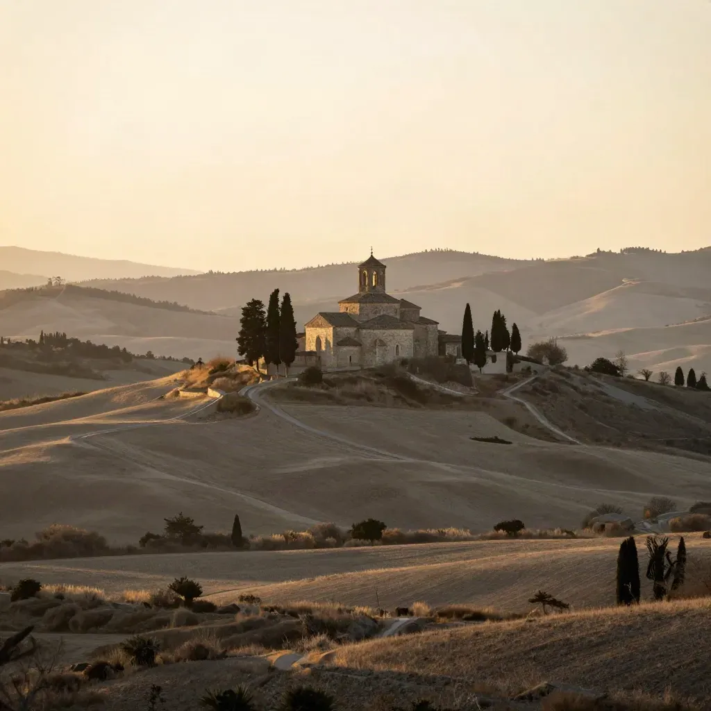 Abbazia lontana su un rilievo, campagna laziale dorata e pianura vulcanica aperta.